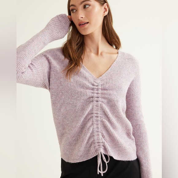 Reitmans Sweaters - Sz S Long-Sleeve V-Neck Sweater with Drawstring at Front  Heather Lilac Pink NWT